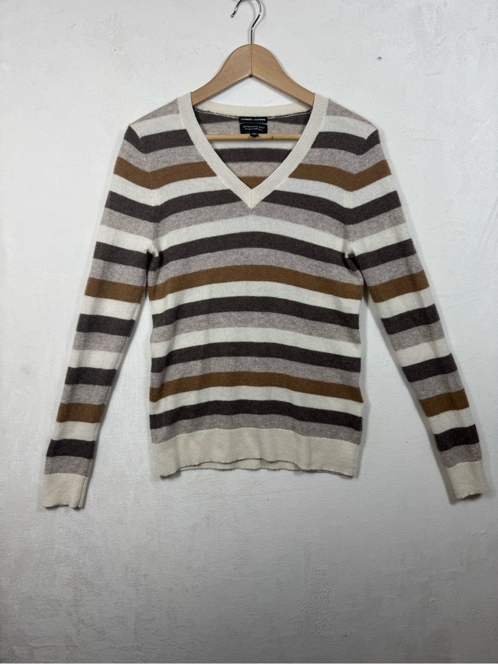 Hudson Bay Striped V-Neck Cashmere Sweater in Cream, Brown & Tan Medium